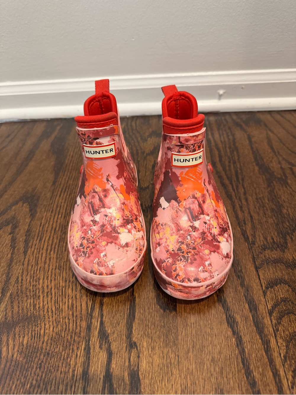 Hunter Kids Red Pink Floral Chelsea Rain Boots
